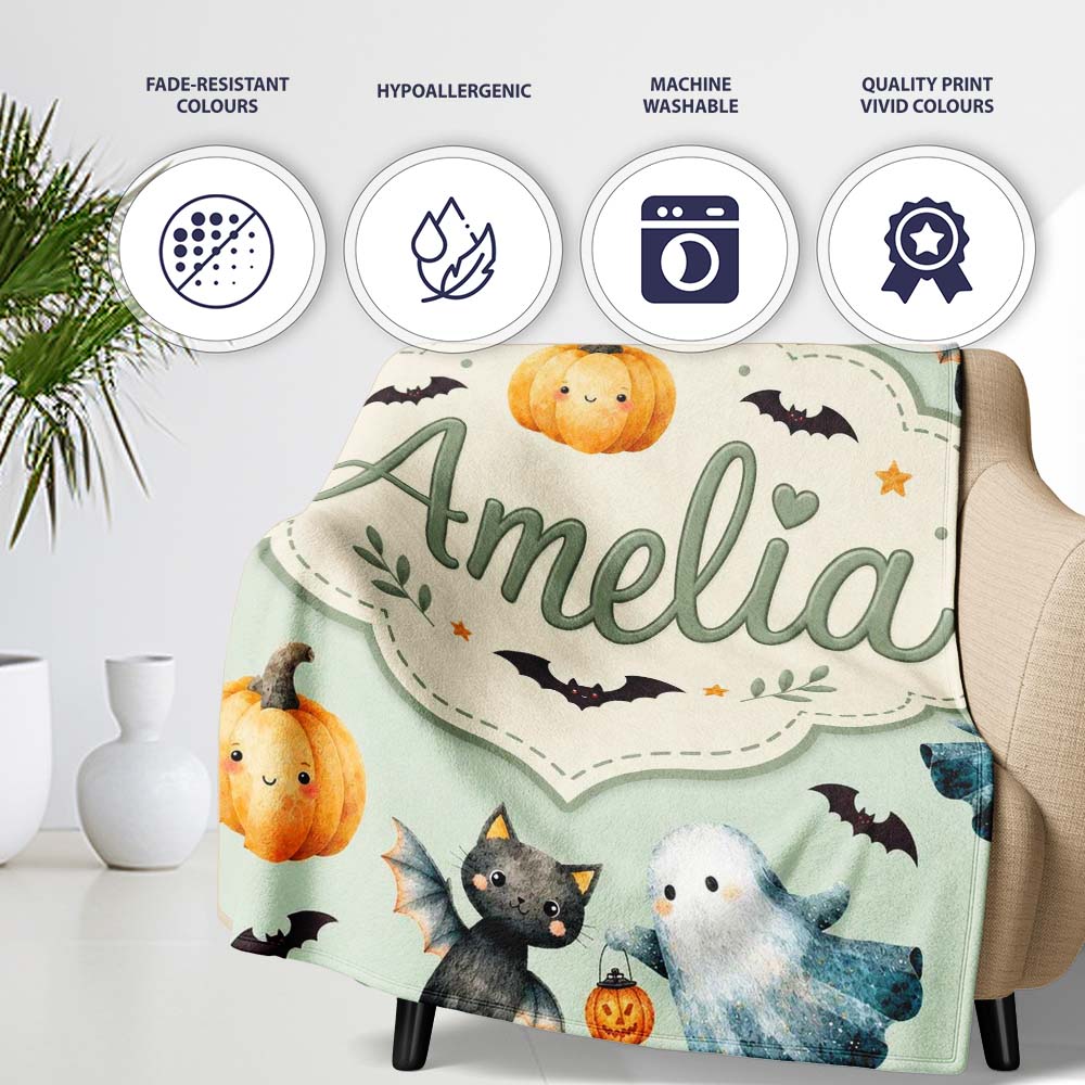 Cute Halloween Ghost Pumpkin Bat Cat Seamless Pattern Sage Green Personalised Custom Name Super Soft Fleece Blanket Bed Sofa Throw