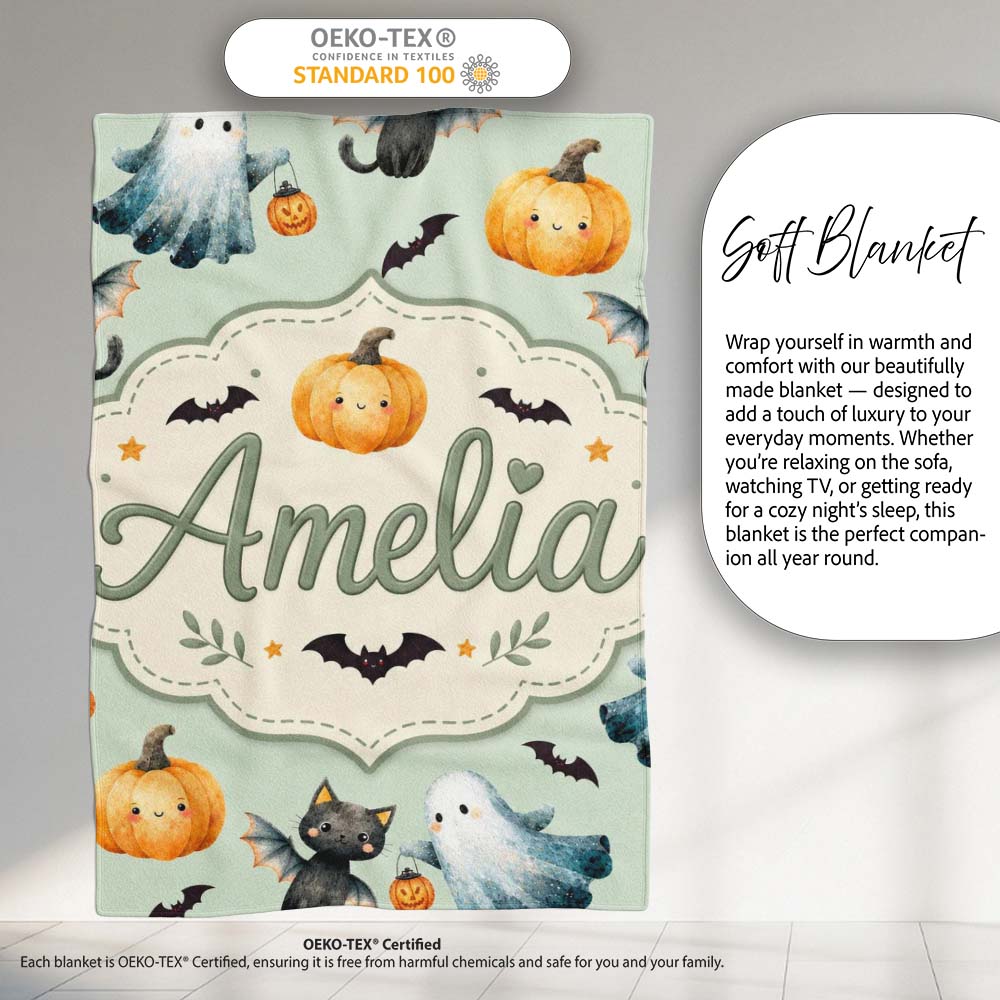 Cute Halloween Ghost Pumpkin Bat Cat Seamless Pattern Sage Green Personalised Custom Name Super Soft Fleece Blanket Bed Sofa Throw