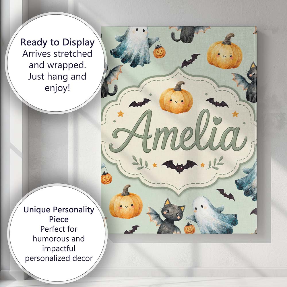 Personalised Name Cute Halloween Ghost Custom Modern Room Accent Elegant Feature Canvas Wall Art Print Decor Picture Ready to Hang
