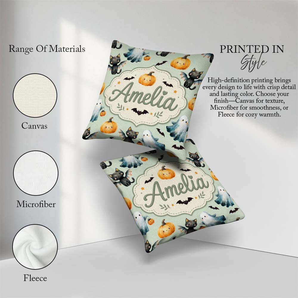 Custom Name Halloween Ghost Pumpkin Bat Cat Seamless Sage Green Square Filled Cushion Throw Pillow Sofa Bed Home Decor Zip Washable UK Made