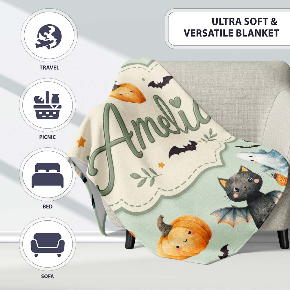 Cute Halloween Ghost Pumpkin Bat Cat Seamless Pattern Sage Green Personalised Custom Name Super Soft Fleece Blanket Bed Sofa Throw