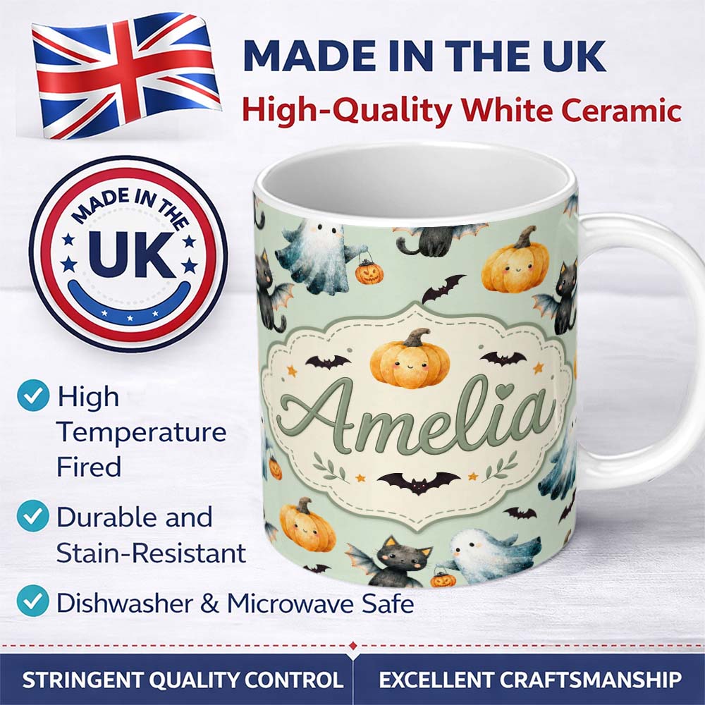 Personalized Custom Name Cute Halloween Ghost Pumpkin Bat Cat Seamless Pattern Sage Green 11oz Ceramic Coffee Tea Mug White Large Handle
