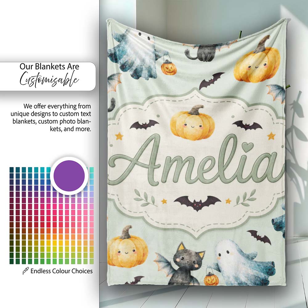 Cute Halloween Ghost Pumpkin Bat Cat Seamless Pattern Sage Green Personalised Custom Name Super Soft Fleece Blanket Bed Sofa Throw