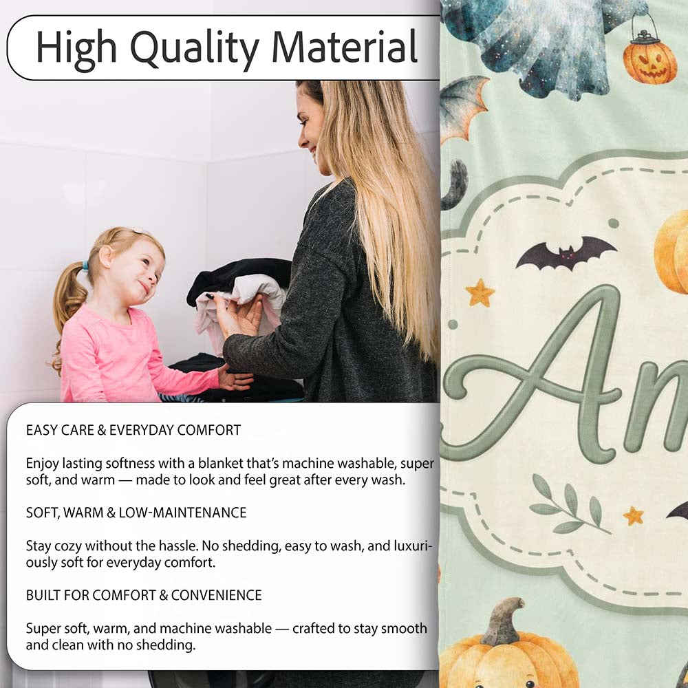 Cute Halloween Ghost Pumpkin Bat Cat Seamless Pattern Sage Green Personalised Custom Name Super Soft Fleece Blanket Bed Sofa Throw