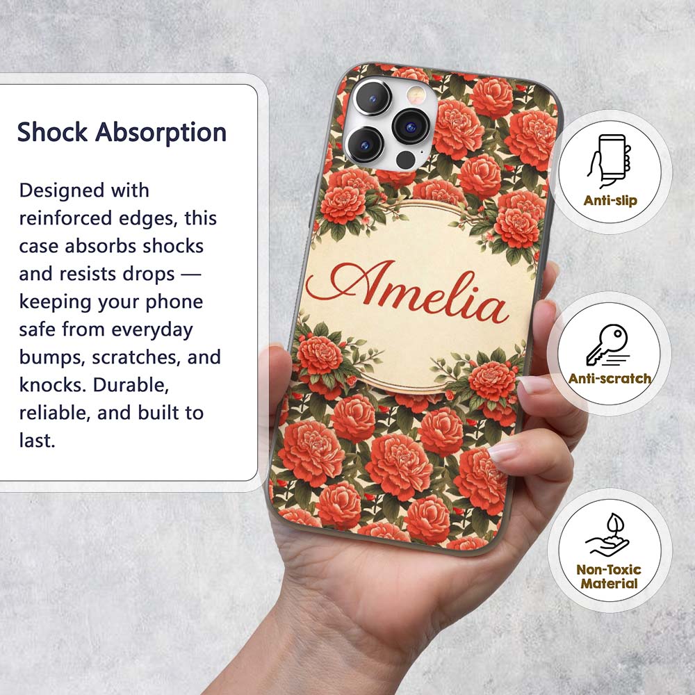 Vintage Red Flower Botanical Seamless Pattern Custom Name Protective Phone Case Mobile Cover Durable Everyday Smartphone Shock Resistant