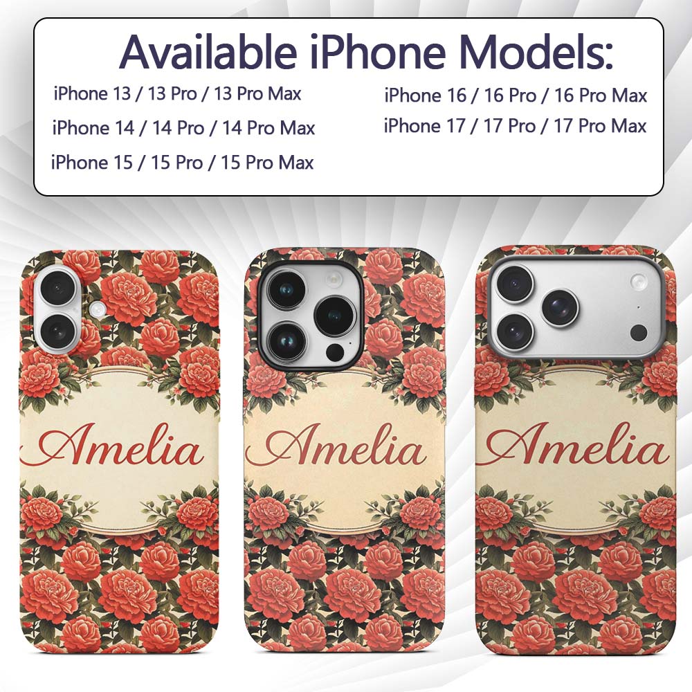 Vintage Red Flower Botanical Seamless Pattern Custom Name Protective Phone Case Mobile Cover Durable Everyday Smartphone Shock Resistant
