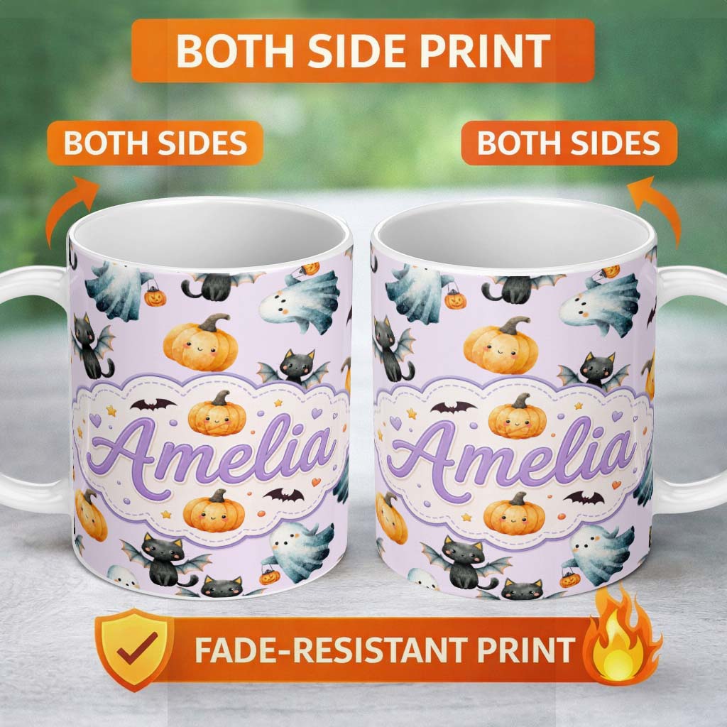 Personalized Custom Name Cute Halloween Ghost Pumpkin Bat Cat Seamless Pattern Soft Lilac 11oz Ceramic Coffee Tea Mug White Large Handle