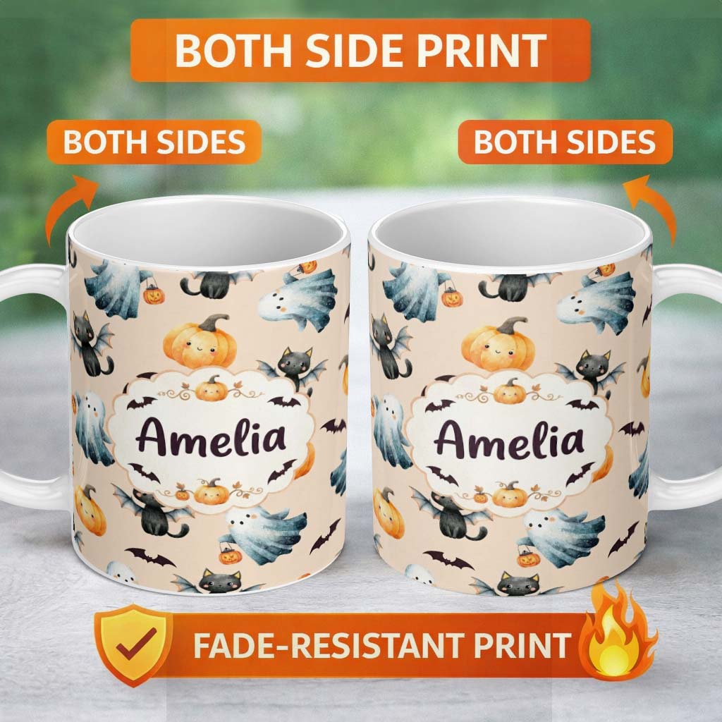 Personalized Custom Name Cute Halloween Ghost Pumpkin Bat Cat Seamless Pattern Warm Beige 11oz Ceramic Coffee Tea Mug White Large Handle