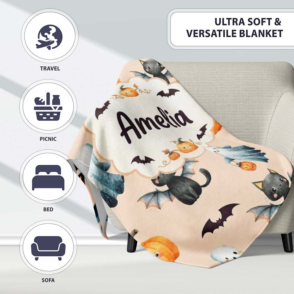 Cute Halloween Ghost Pumpkin Bat Cat Seamless Pattern Warm Beige Personalised Custom Name Super Soft Fleece Blanket Bed Sofa Throw