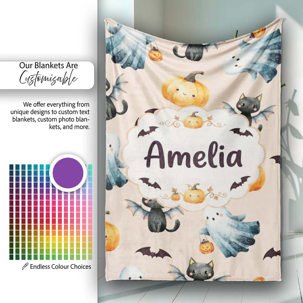 Cute Halloween Ghost Pumpkin Bat Cat Seamless Pattern Warm Beige Personalised Custom Name Super Soft Fleece Blanket Bed Sofa Throw