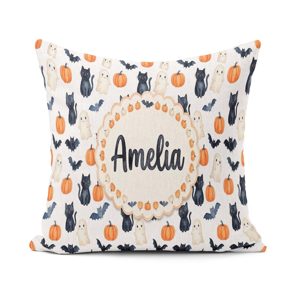 Custom Name Halloween Ghost Pumpkin Bat Cat Seamless Light Grey Square Filled Cushion Throw Pillow Sofa Bed Home Decor Zip Washable UK Made