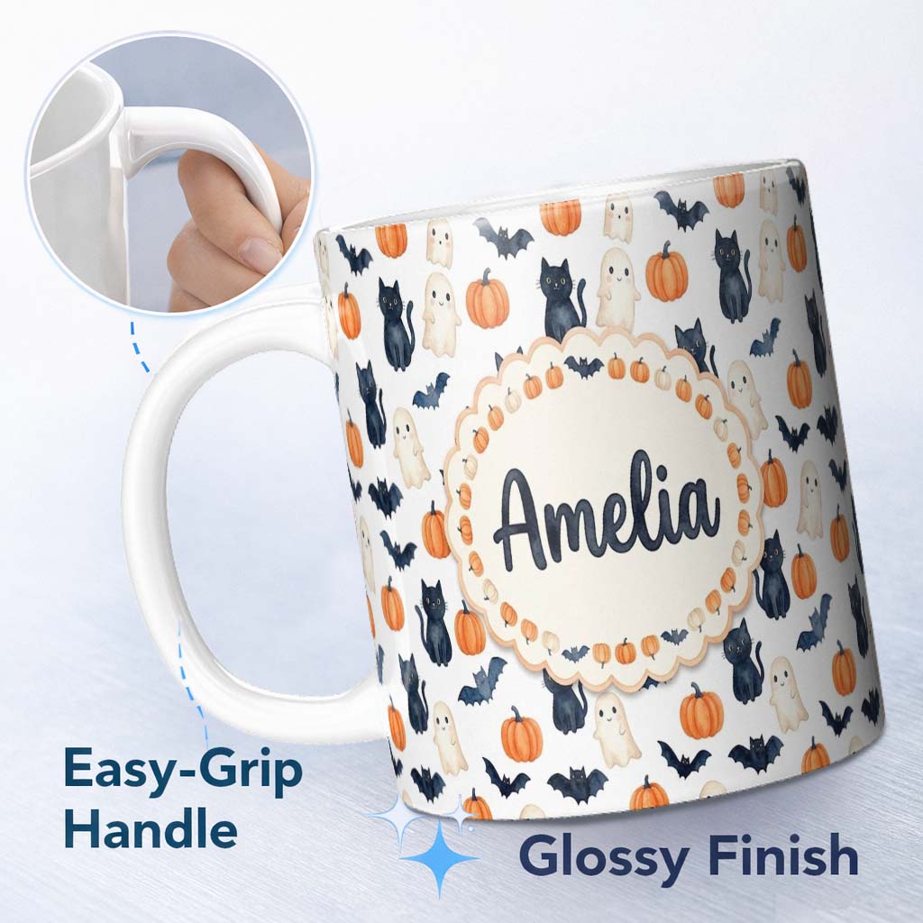 Personalized Custom Name Cute Halloween Ghost Pumpkin Bat Cat Seamless Pattern Light Grey 11oz Ceramic Coffee Tea Mug White Large Handle