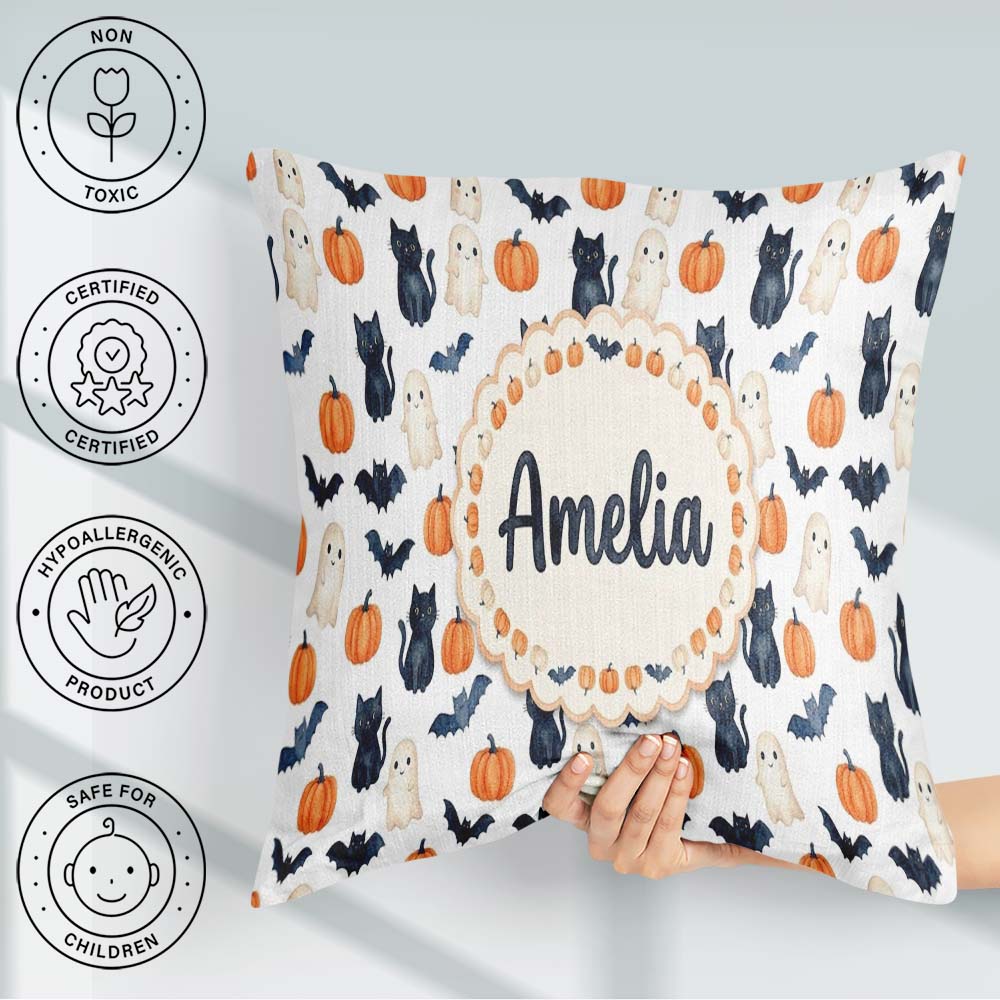 Custom Name Halloween Ghost Pumpkin Bat Cat Seamless Light Grey Square Filled Cushion Throw Pillow Sofa Bed Home Decor Zip Washable UK Made