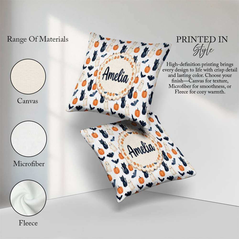 Custom Name Halloween Ghost Pumpkin Bat Cat Seamless Light Grey Square Filled Cushion Throw Pillow Sofa Bed Home Decor Zip Washable UK Made
