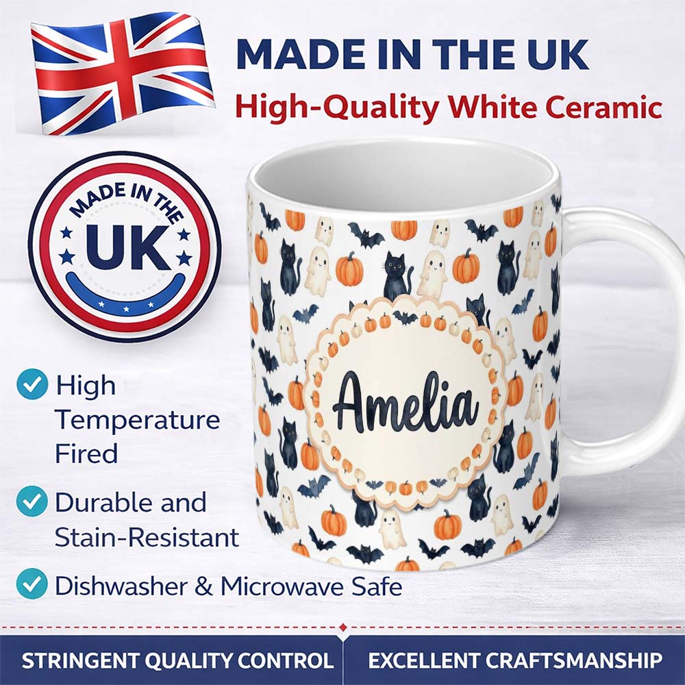 Personalized Custom Name Cute Halloween Ghost Pumpkin Bat Cat Seamless Pattern Light Grey 11oz Ceramic Coffee Tea Mug White Large Handle