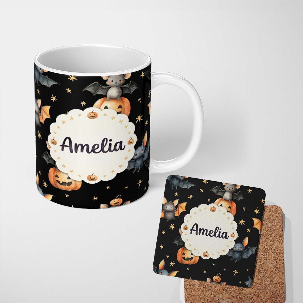 Personalized Custom Name Cute Halloween Bat Pumpkin Star Night Seamless Pattern Black 11oz Ceramic Coffee Tea Mug White Large Handle