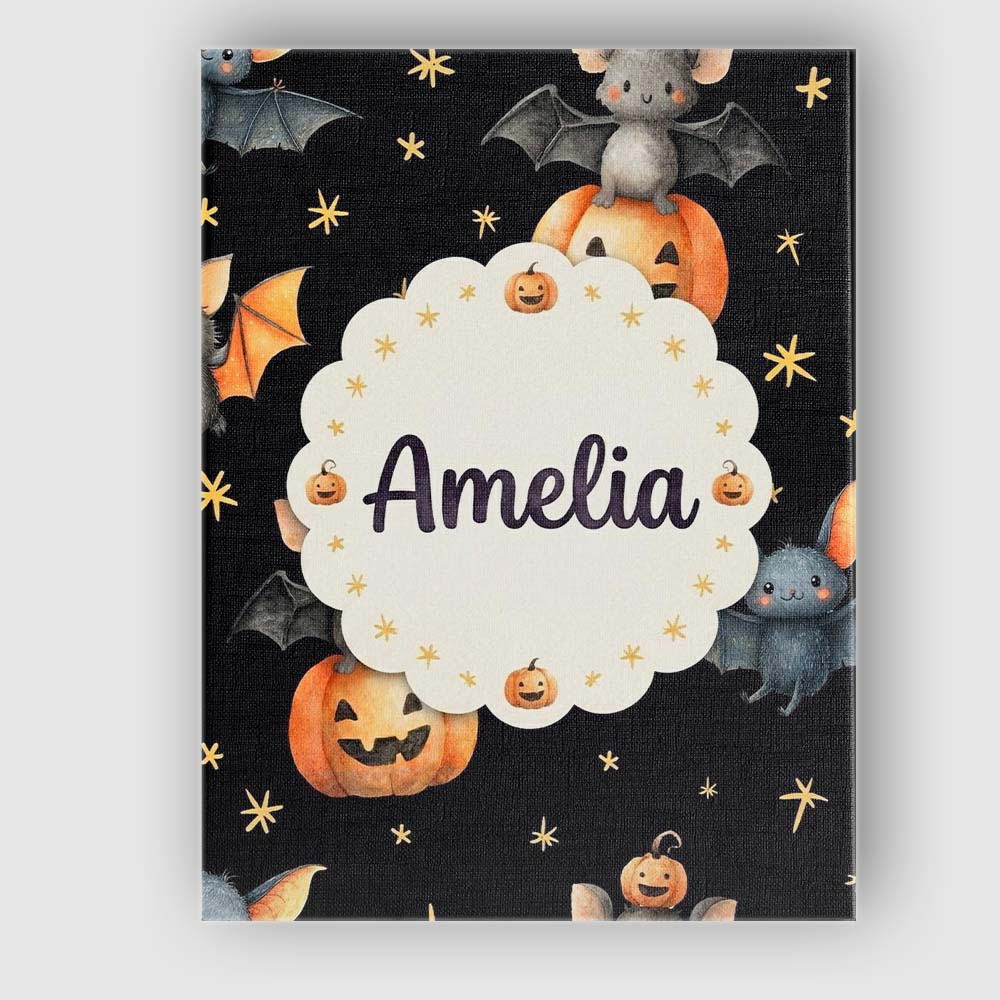 Personalised Name Cute Halloween Bat Custom Premium Decorative Design Modern Room Accent Canvas Wall Art Print Decor Picture Ready to Hang