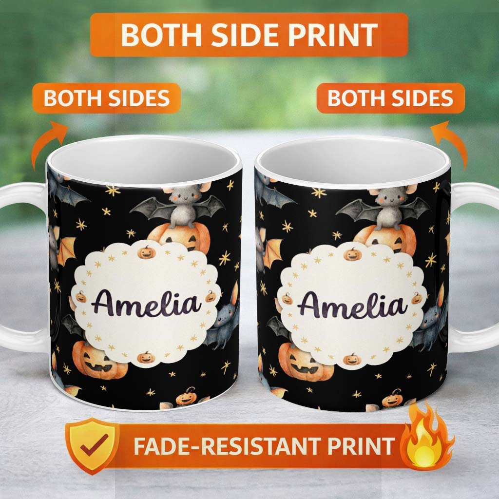 Personalized Custom Name Cute Halloween Bat Pumpkin Star Night Seamless Pattern Black 11oz Ceramic Coffee Tea Mug White Large Handle