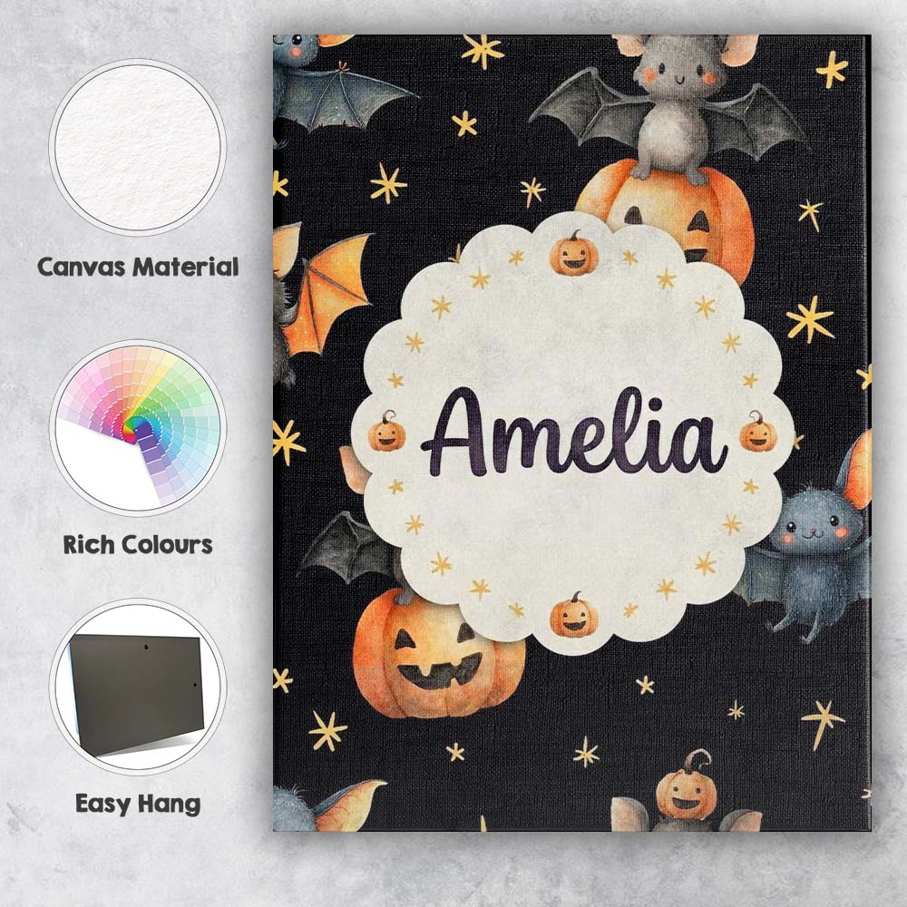 Personalised Name Cute Halloween Bat Custom Premium Decorative Design Modern Room Accent Canvas Wall Art Print Decor Picture Ready to Hang