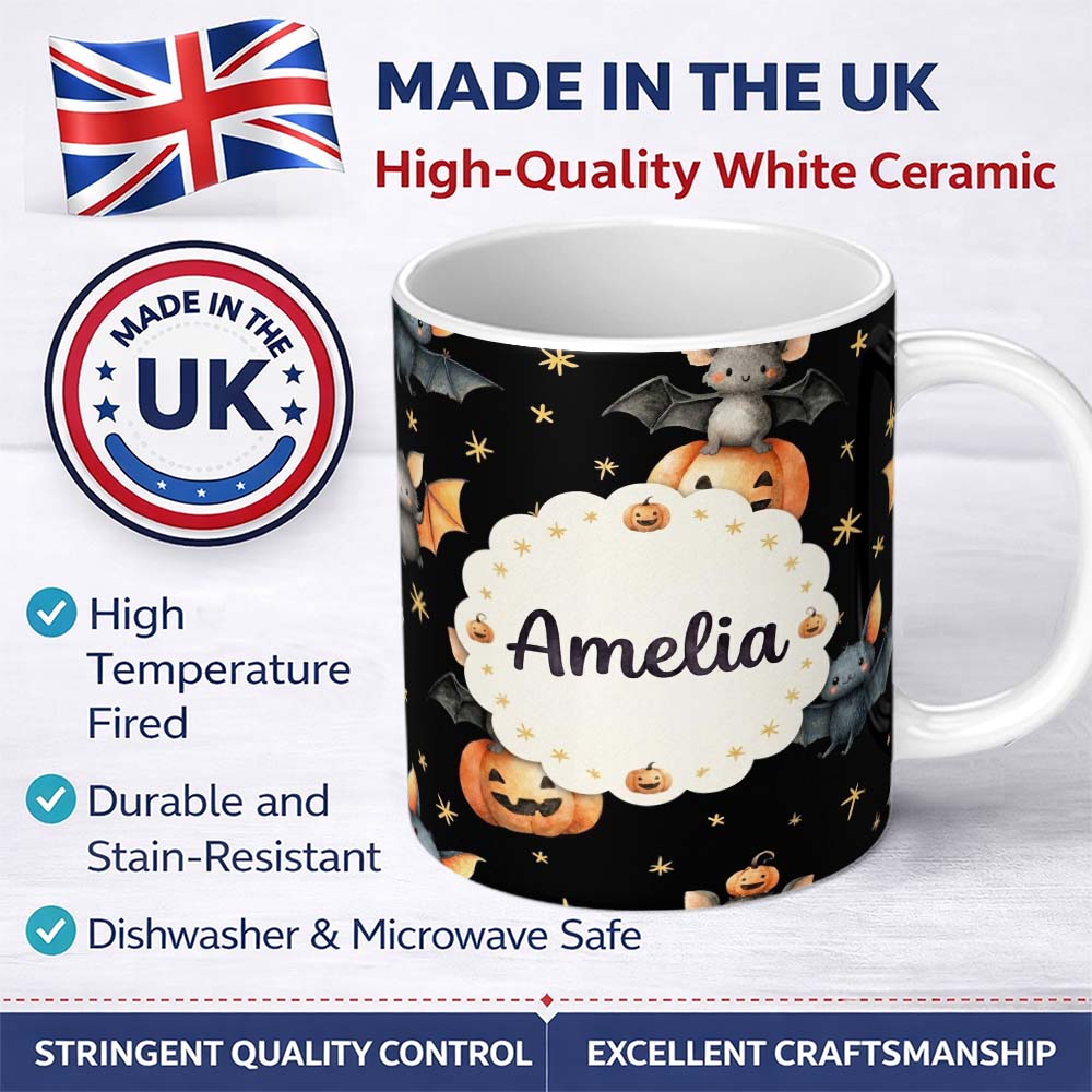 Personalized Custom Name Cute Halloween Bat Pumpkin Star Night Seamless Pattern Black 11oz Ceramic Coffee Tea Mug White Large Handle
