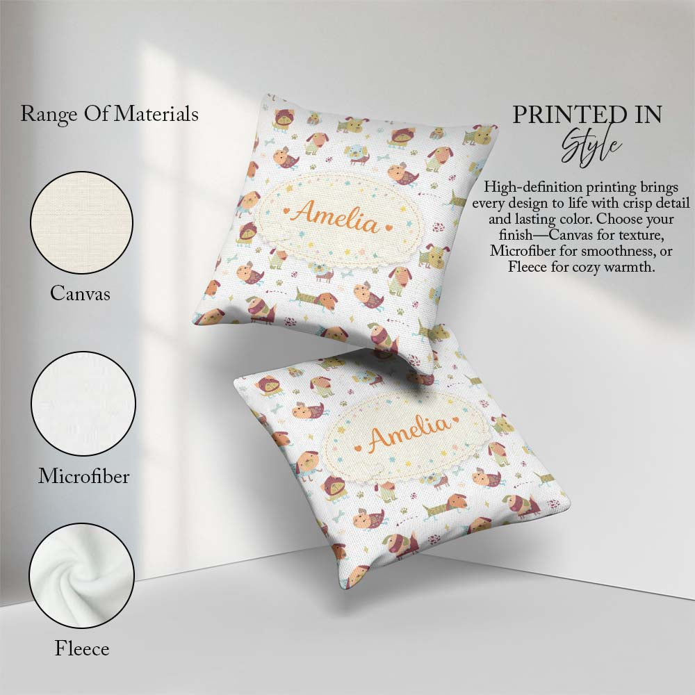 Custom Name Cute Cartoon Dogs Playful Pet Seamless Pattern for Square Filled Cushion Throw Pillow Sofa Bed Home Decor Zip Washable UK Made