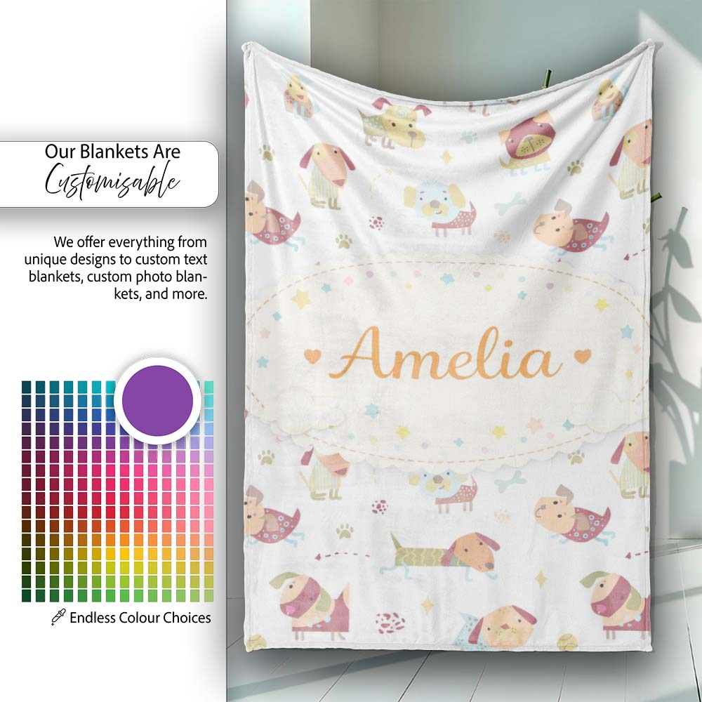 Cute Cartoon Dogs Playful Pet Seamless Pattern Perfect Gift for Her Personalised Custom Name Super Soft Fleece Blanket Bed Sofa Throw