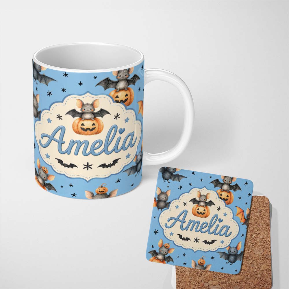 Personalized Custom Name Cute Halloween Bat Pumpkin Star Night Seamless Pattern Blue 11oz Ceramic Coffee Tea Mug White Large Handle