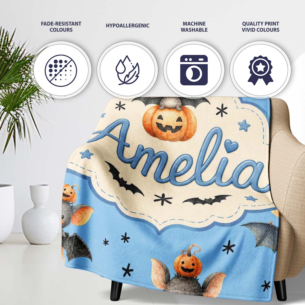 Cute Halloween Bat Pumpkin Star Night Seamless Pattern Blue Personalised Custom Name Super Soft Fleece Blanket Bed Sofa Throw