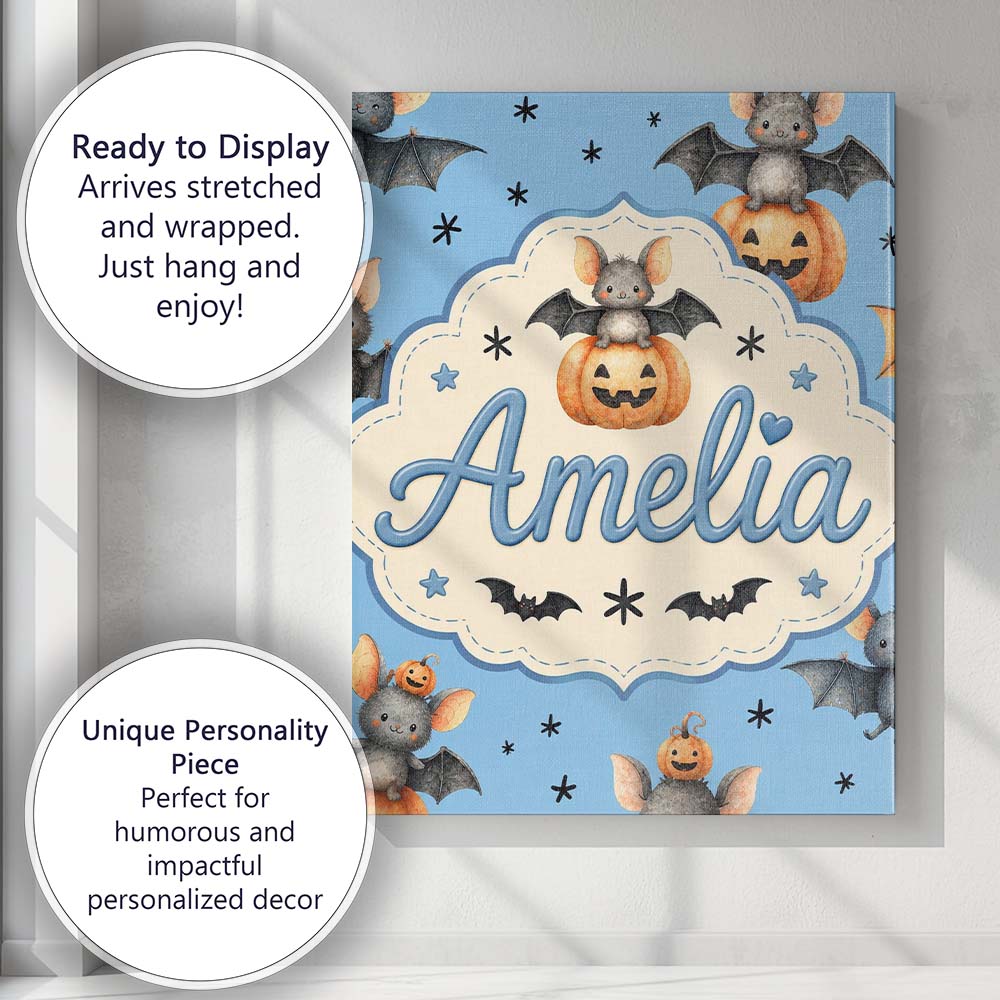 Personalised Name Cute Halloween Bat Custom Premium Decorative Design Modern Room Accent Canvas Wall Art Print Decor Picture Ready to Hang