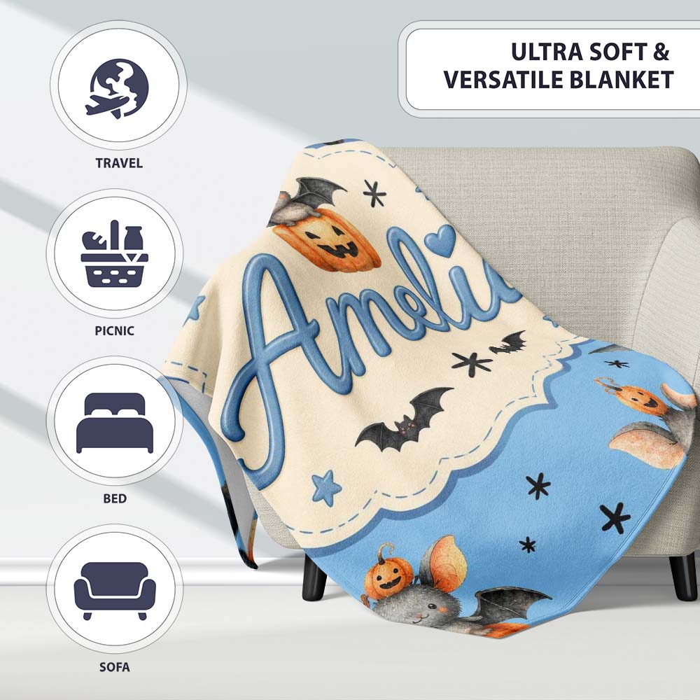 Cute Halloween Bat Pumpkin Star Night Seamless Pattern Blue Personalised Custom Name Super Soft Fleece Blanket Bed Sofa Throw