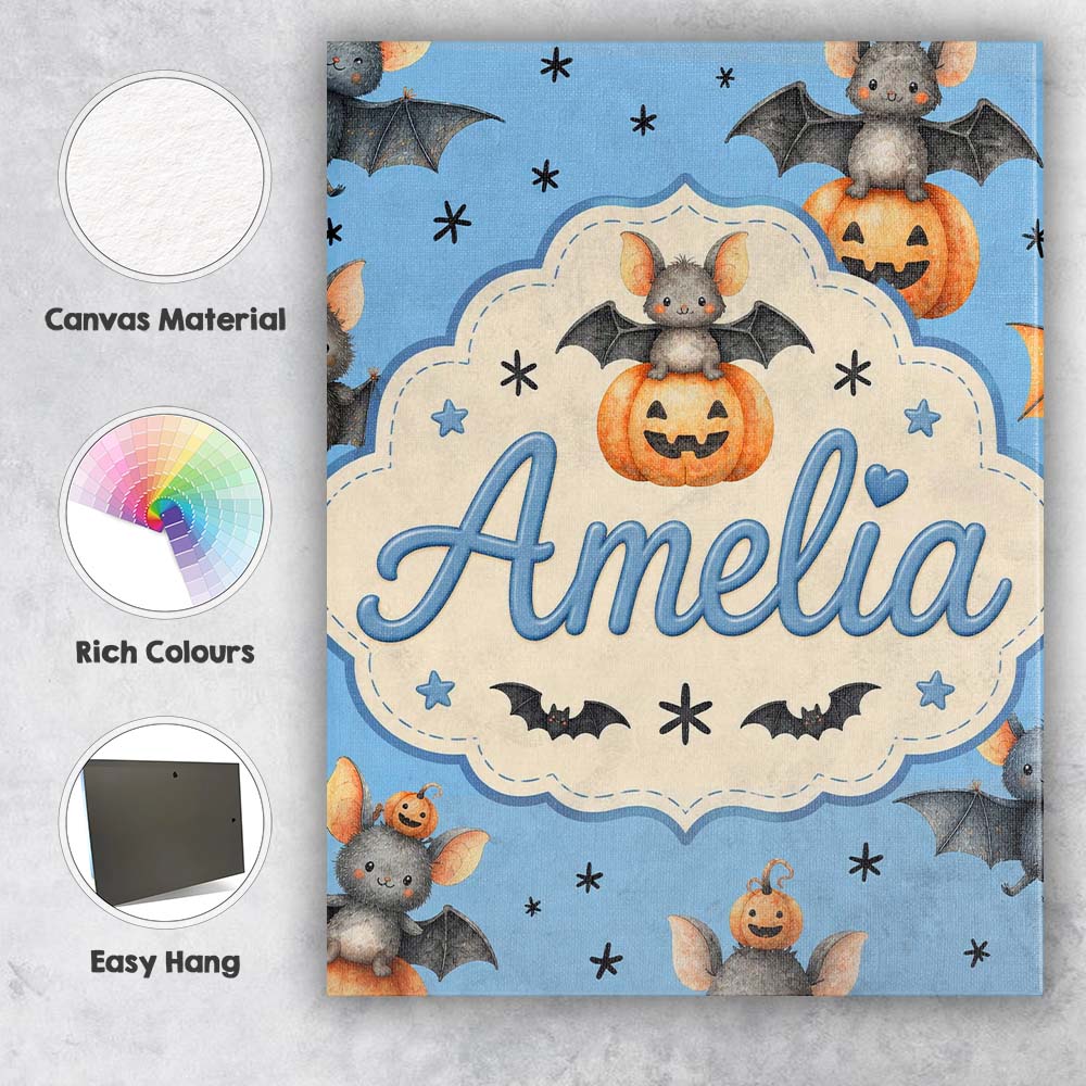 Personalised Name Cute Halloween Bat Custom Premium Decorative Design Modern Room Accent Canvas Wall Art Print Decor Picture Ready to Hang