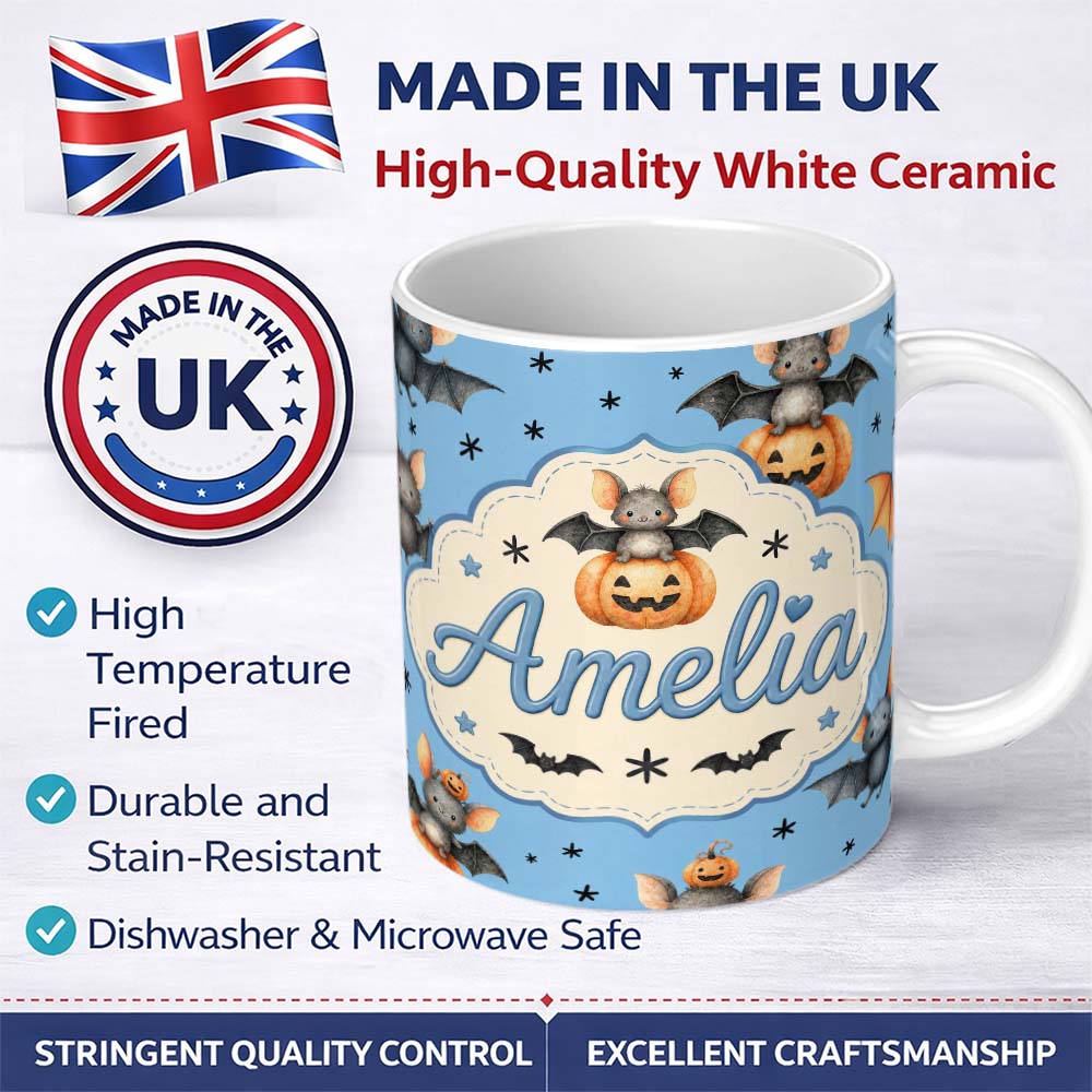 Personalized Custom Name Cute Halloween Bat Pumpkin Star Night Seamless Pattern Blue 11oz Ceramic Coffee Tea Mug White Large Handle