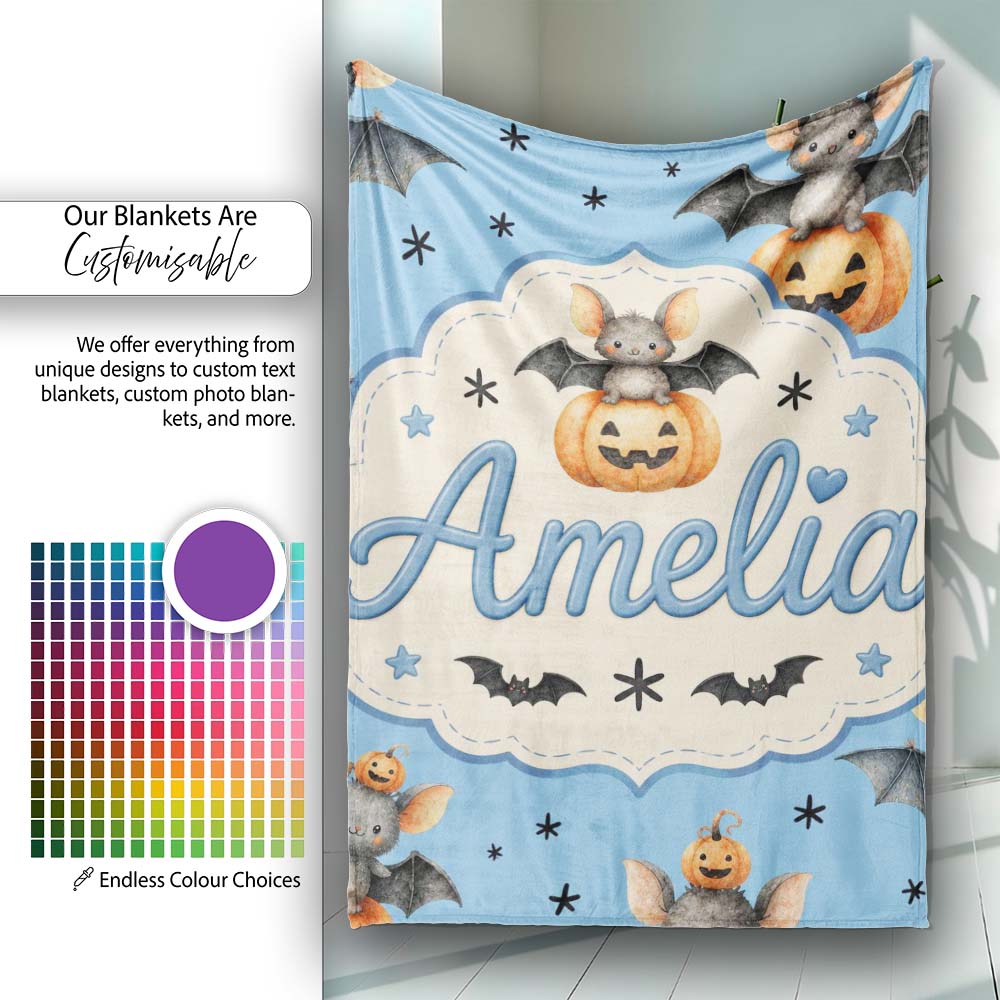 Cute Halloween Bat Pumpkin Star Night Seamless Pattern Blue Personalised Custom Name Super Soft Fleece Blanket Bed Sofa Throw