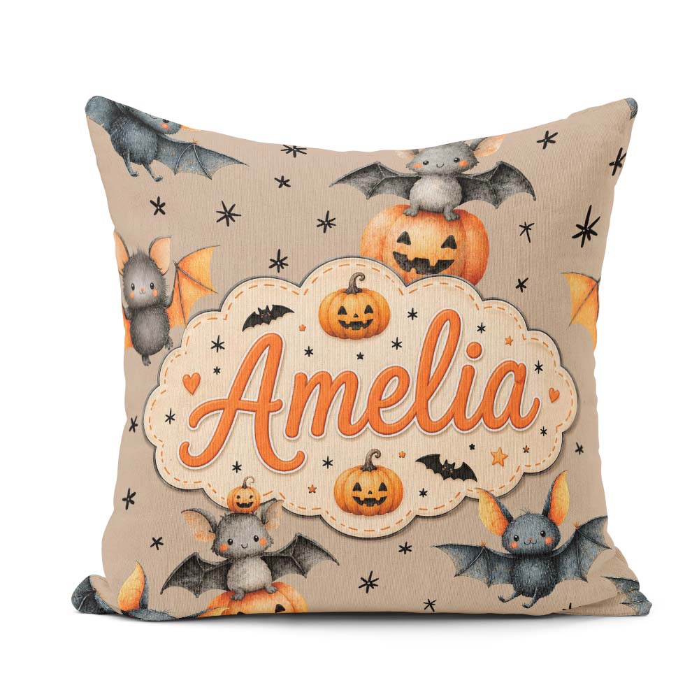 Custom Name Cute Halloween Bat Pumpkin Star Night Seamless Taupe Square Filled Cushion Throw Pillow Sofa Bed Home Decor Zip Washable UK Made