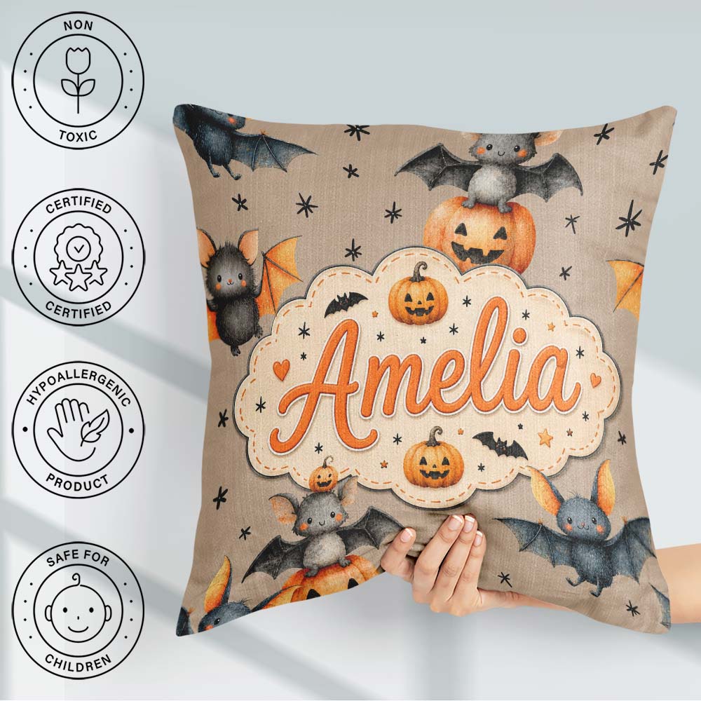 Custom Name Cute Halloween Bat Pumpkin Star Night Seamless Taupe Square Filled Cushion Throw Pillow Sofa Bed Home Decor Zip Washable UK Made