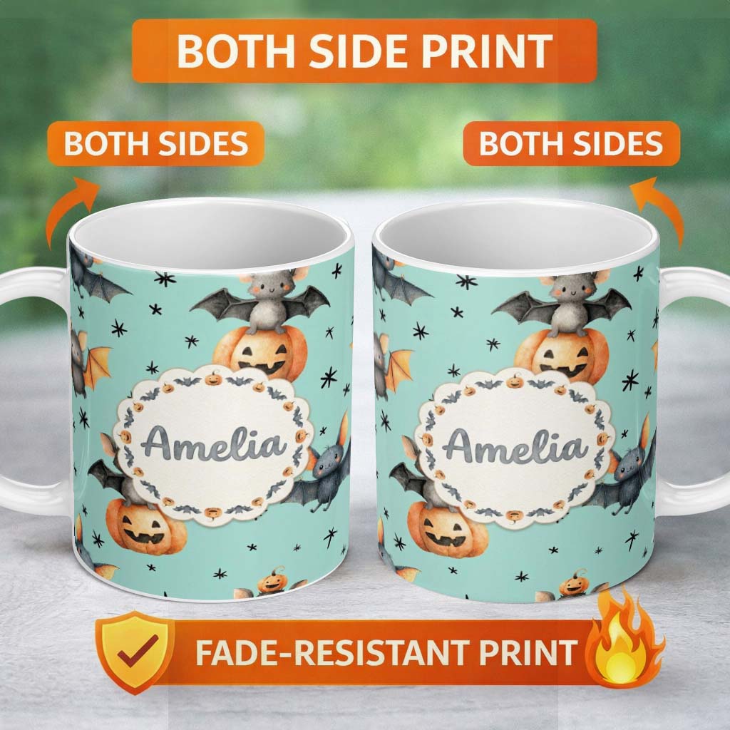 Personalized Custom Name Cute Halloween Bat Pumpkin Star Night Seamless Pattern Mint Green 11oz Ceramic Coffee Tea Mug White Large Handle