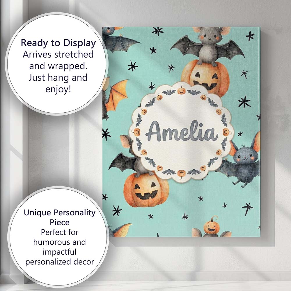 Personalised Name Cute Halloween Bat Custom Premium Decorative Design Modern Room Accent Canvas Wall Art Print Decor Picture Ready to Hang
