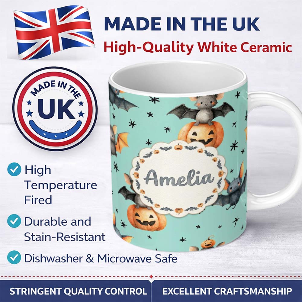 Personalized Custom Name Cute Halloween Bat Pumpkin Star Night Seamless Pattern Mint Green 11oz Ceramic Coffee Tea Mug White Large Handle