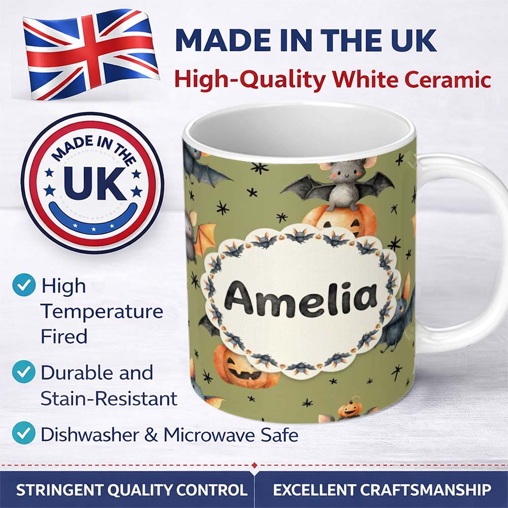 Personalized Custom Name Cute Halloween Bat Pumpkin Star Night Seamless Pattern Olive Green 11oz Ceramic Coffee Tea Mug White Large Handle