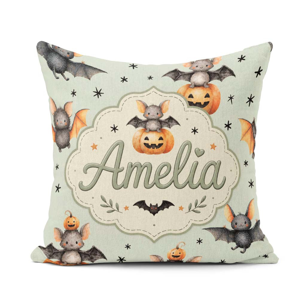 Custom Name Halloween Bat Pumpkin Star Night Seamless Sage Green Square Filled Cushion Throw Pillow Sofa Bed Home Decor Zip Washable UK Made