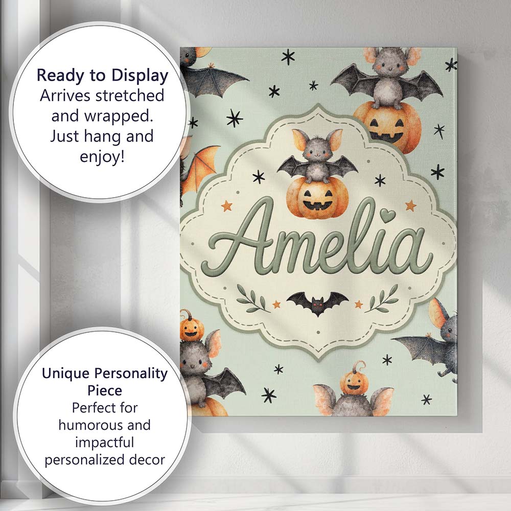 Personalised Name Cute Halloween Bat Custom Premium Decorative Design Modern Room Accent Canvas Wall Art Print Decor Picture Ready to Hang
