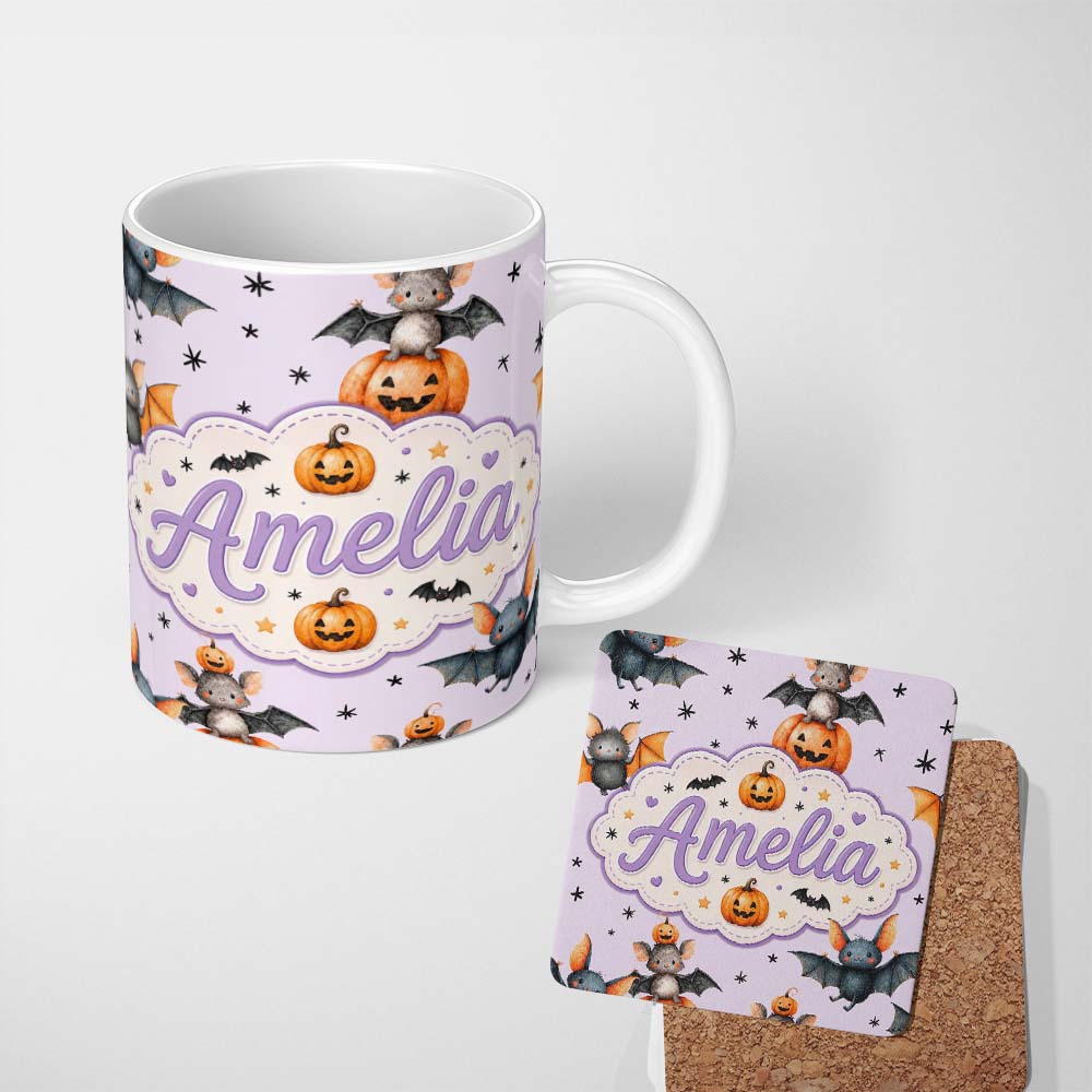 Personalized Custom Name Cute Halloween Bat Pumpkin Star Night Seamless Pattern Soft Lilac 11oz Ceramic Coffee Tea Mug White Large Handle