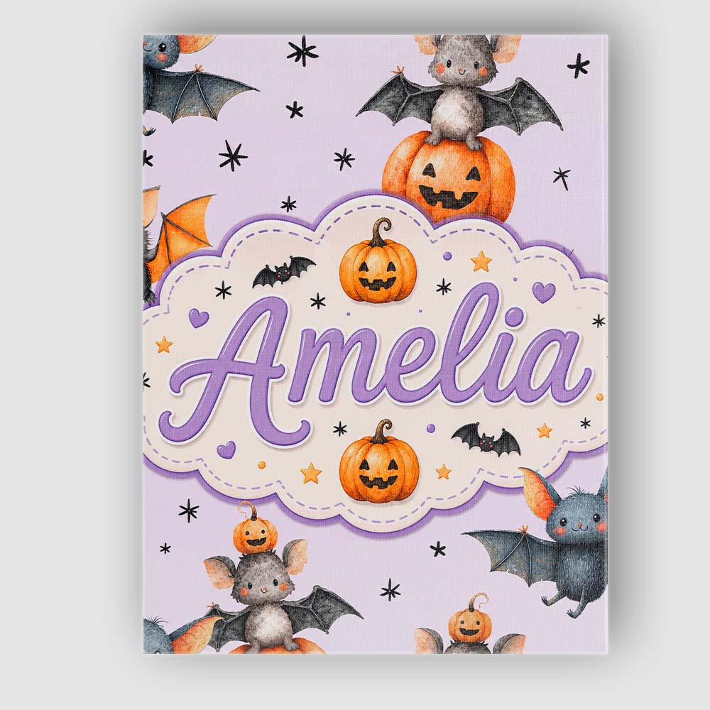 Personalised Name Cute Halloween Bat Custom Premium Decorative Design Modern Room Accent Canvas Wall Art Print Decor Picture Ready to Hang
