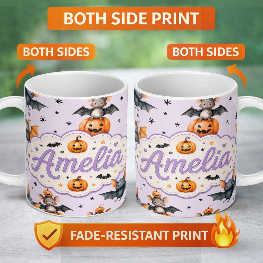 Personalized Custom Name Cute Halloween Bat Pumpkin Star Night Seamless Pattern Soft Lilac 11oz Ceramic Coffee Tea Mug White Large Handle