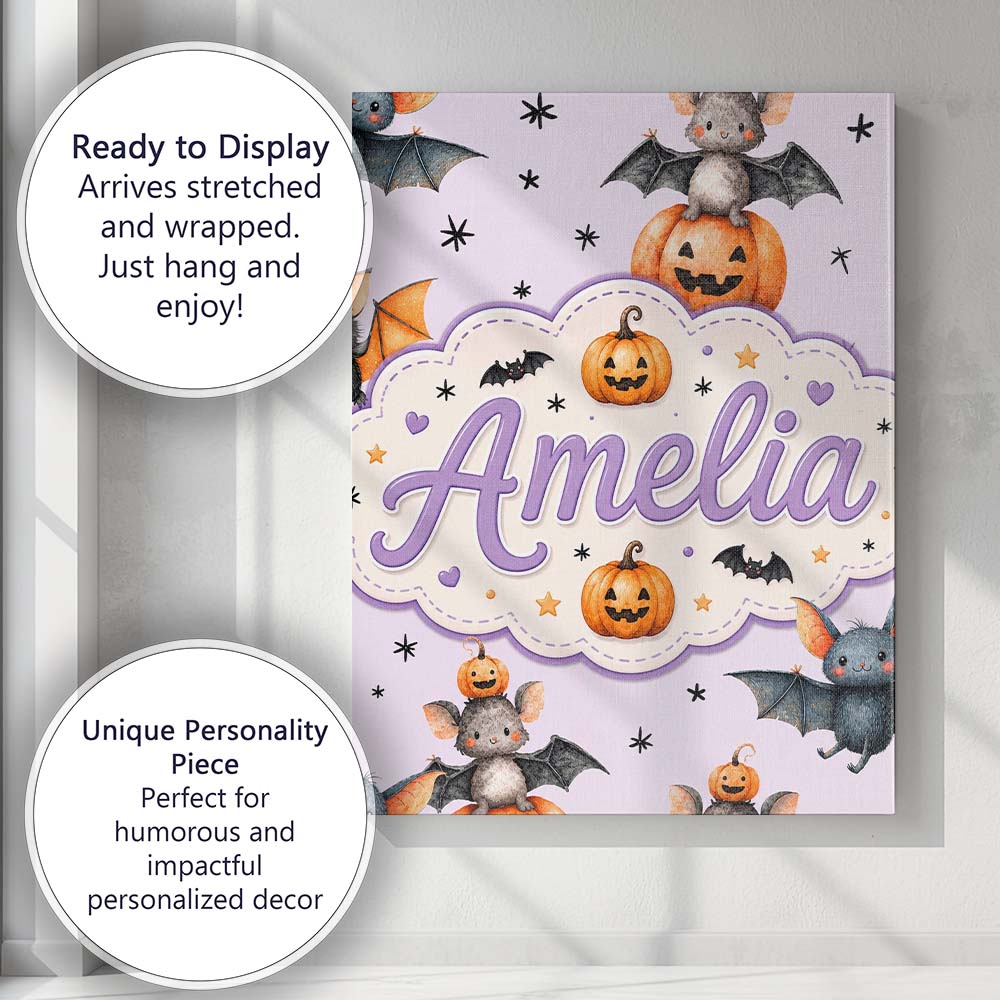 Personalised Name Cute Halloween Bat Custom Premium Decorative Design Modern Room Accent Canvas Wall Art Print Decor Picture Ready to Hang