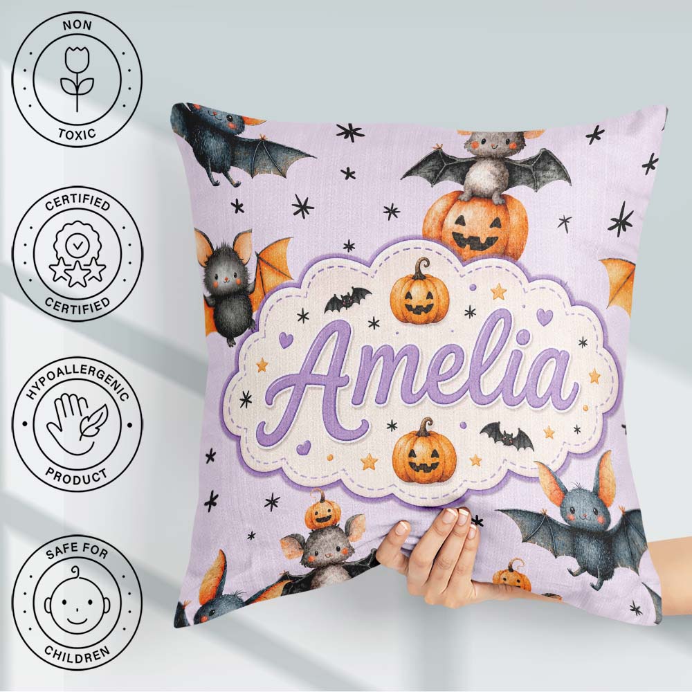 Custom Name Halloween Bat Pumpkin Star Night Seamless Soft Lilac Square Filled Cushion Throw Pillow Sofa Bed Home Decor Zip Washable UK Made