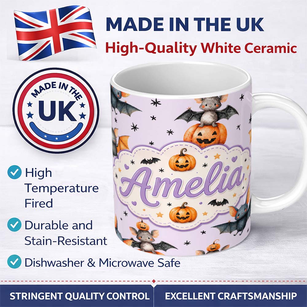 Personalized Custom Name Cute Halloween Bat Pumpkin Star Night Seamless Pattern Soft Lilac 11oz Ceramic Coffee Tea Mug White Large Handle