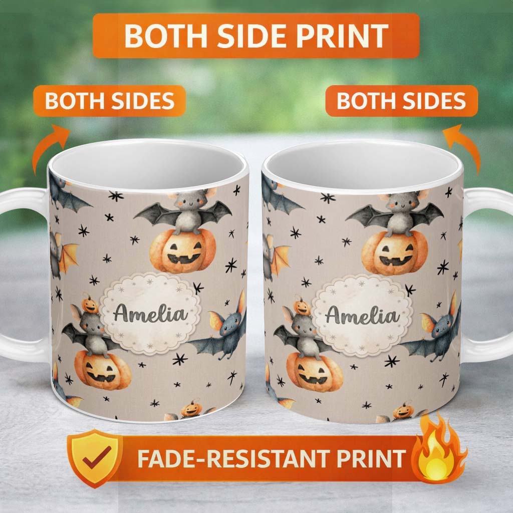 Personalized Custom Name Cute Halloween Bat Pumpkin Star Night Seamless Pattern Warm Beige 11oz Ceramic Coffee Tea Mug White Large Handle