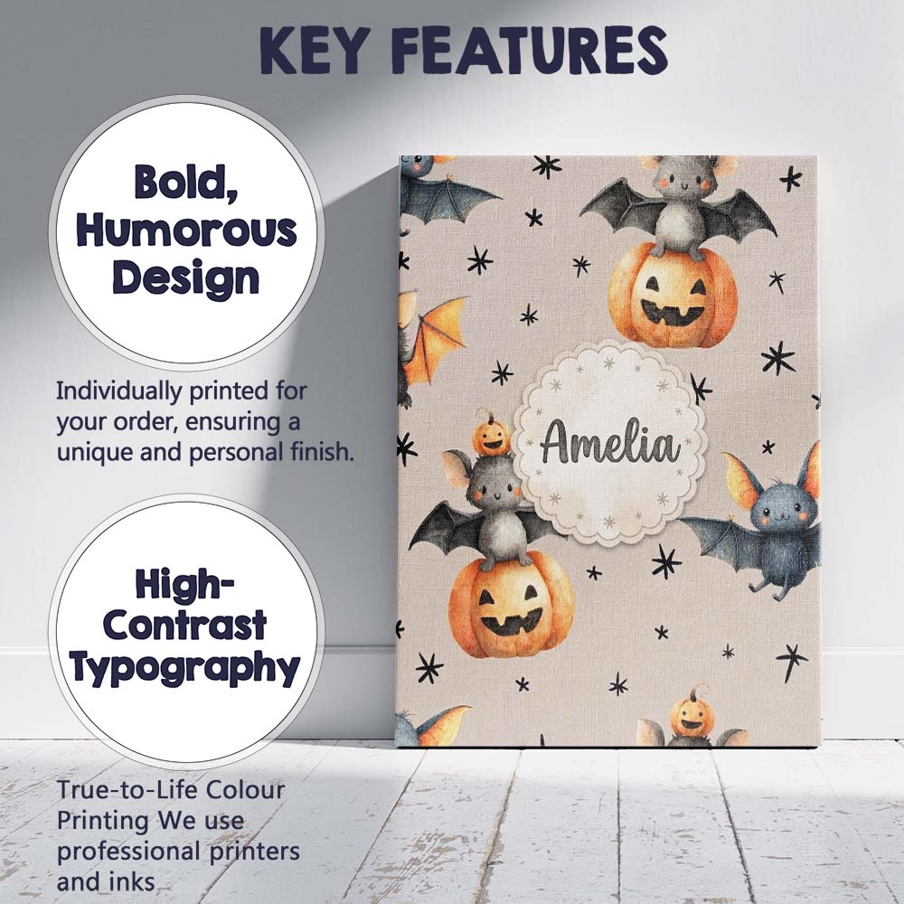 Personalised Name Cute Halloween Bat Custom Premium Decorative Design Modern Room Accent Canvas Wall Art Print Decor Picture Ready to Hang