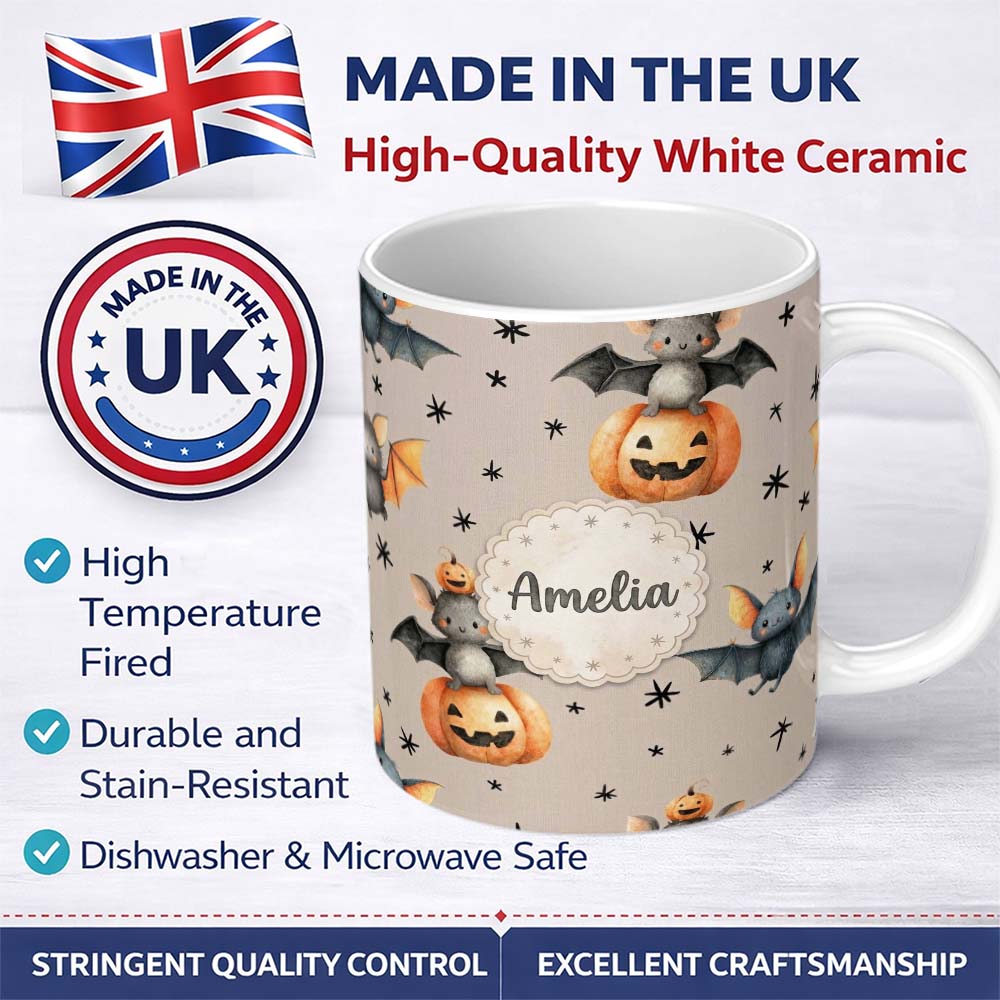 Personalized Custom Name Cute Halloween Bat Pumpkin Star Night Seamless Pattern Warm Beige 11oz Ceramic Coffee Tea Mug White Large Handle